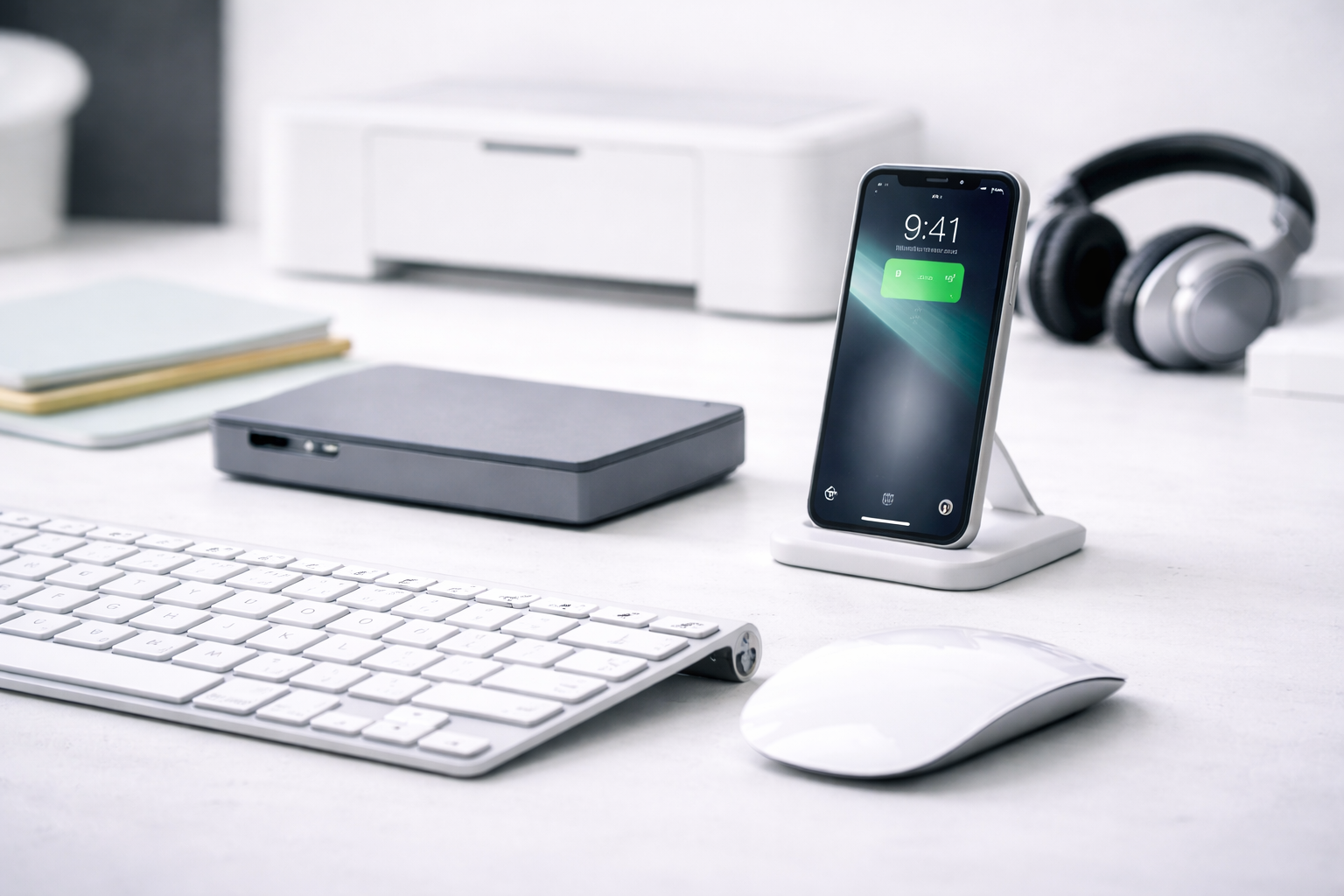 Klawiatury, myszki, ładowarki, huby, dyski zewnętrzne, monitory i inne elementy stanowiska pracy.